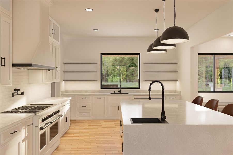 Rendering of kitchen with view into back yard. Rendering of kitchen with view into back yard.