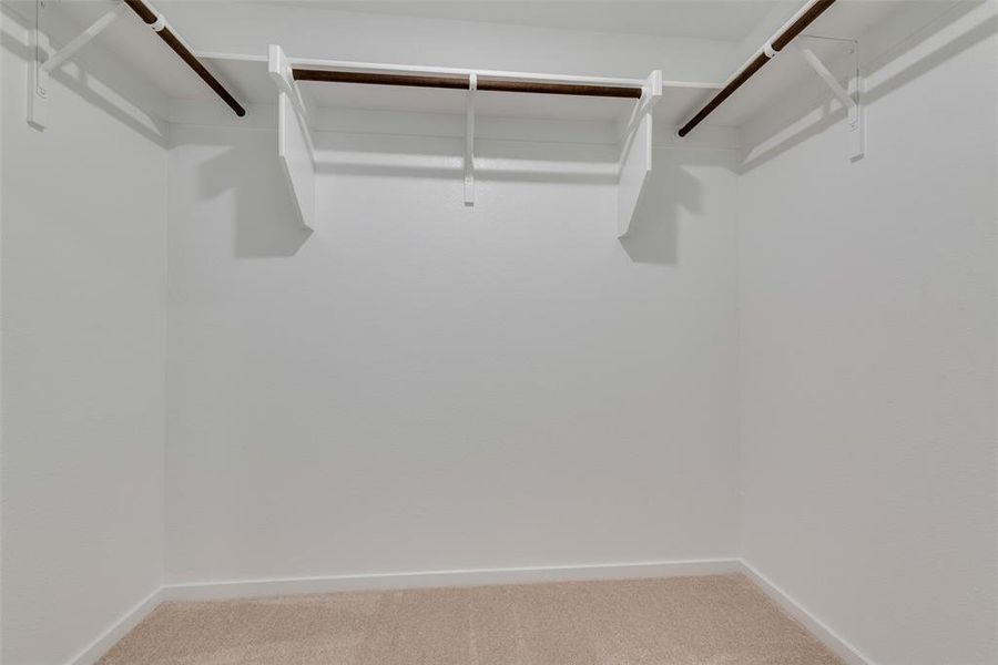 Walk in closet with light colored carpet