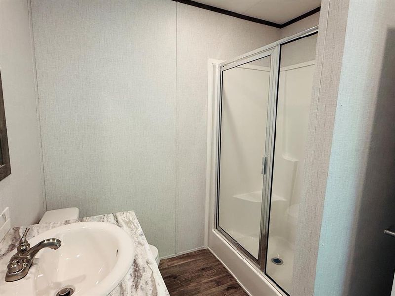 Full bathroom with wood finished floors, a shower stall, ornamental molding, and a sink