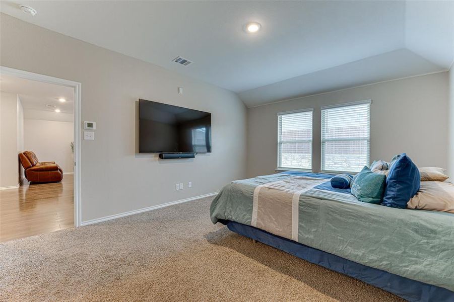 Bedroom featuring carpet floors and vaulted ceiling