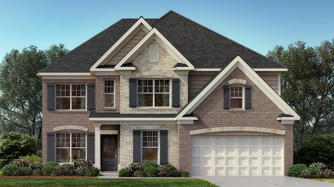 Front exterior of a new home in Haven Abbey, Cumming, GA, highlighting curb appeal (Image 1). Front exterior of a new home in Haven Abbey, Cumming, GA, highlighting curb appeal (Image 1).