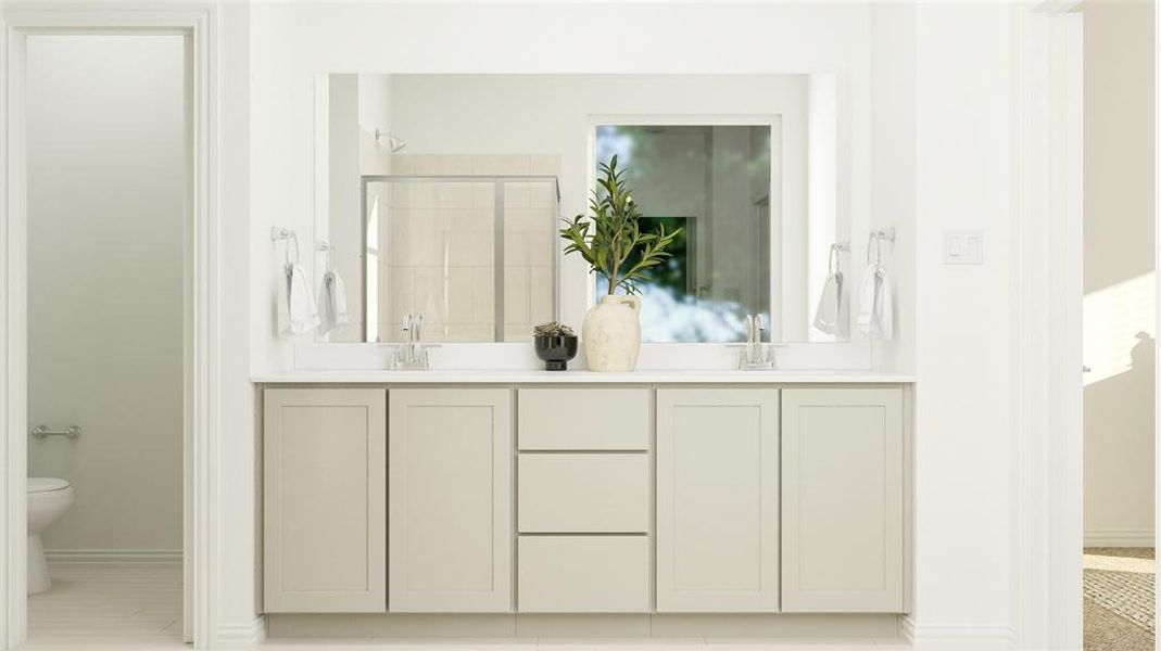 Bathroom with vanity, toilet, and an enclosed shower