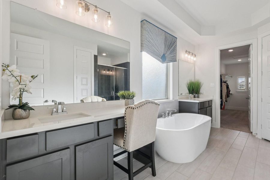 Primary Bath - Double Sinks with a Vanity Area, Relaxing Soaking Tub, Remote Controlled Shade