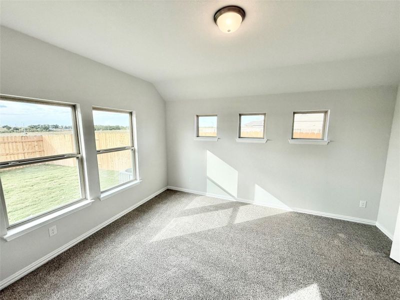 Unfurnished room featuring carpet and lofted ceiling Unfurnished room featuring carpet and lofted ceiling