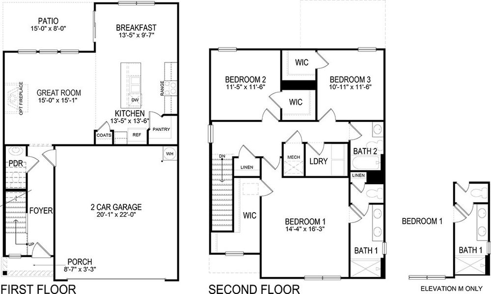 2D floor plan layout for the Darwin by D.R. Horton in The Hideaway at Fox Meadows, Bluff City, TN (Image 3).