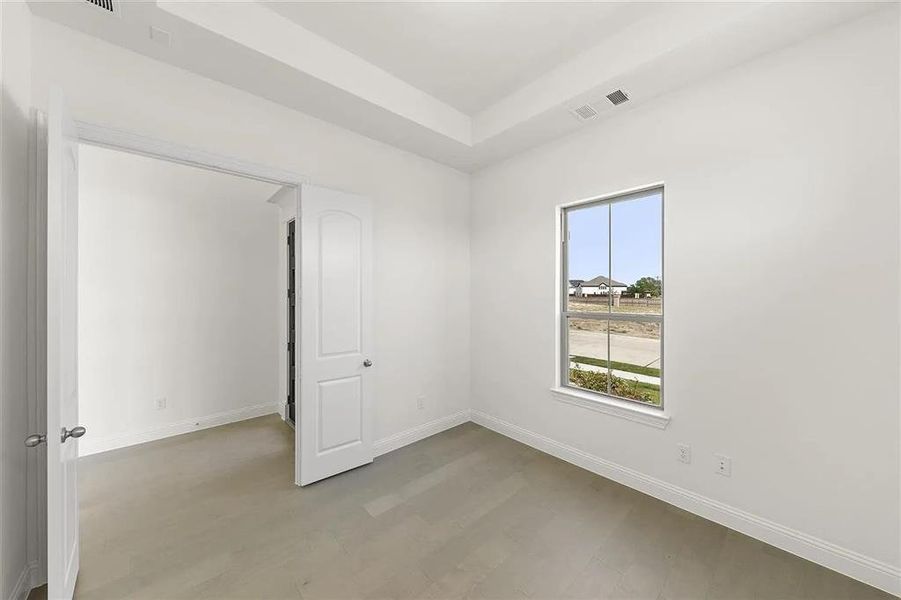 Unfurnished room featuring a raised ceiling and light wood-type flooring