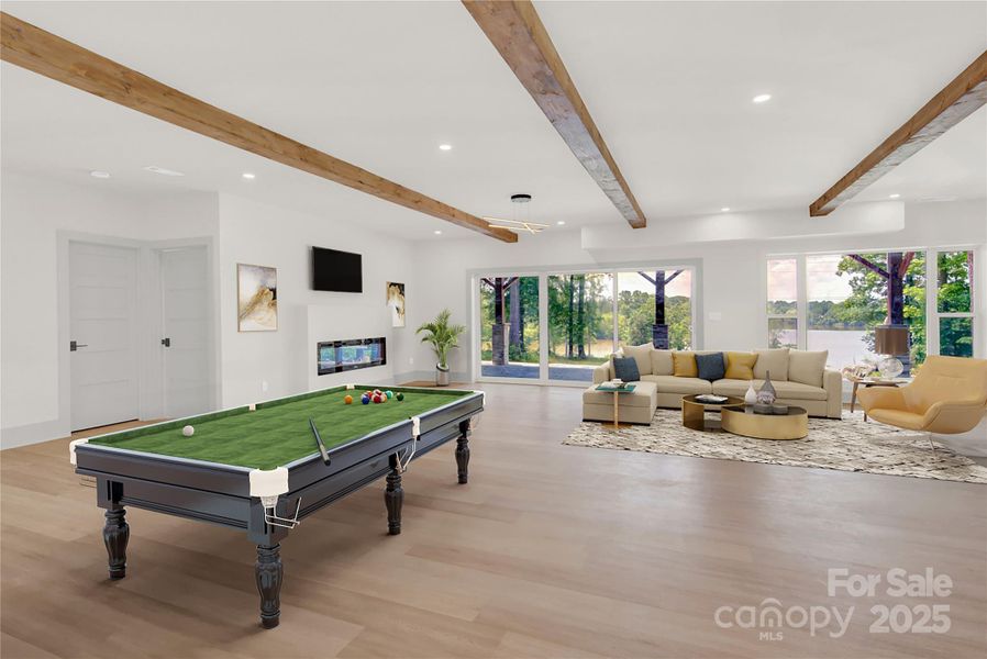 Virtually staged basement rec room/great room Virtually staged basement rec room/great room