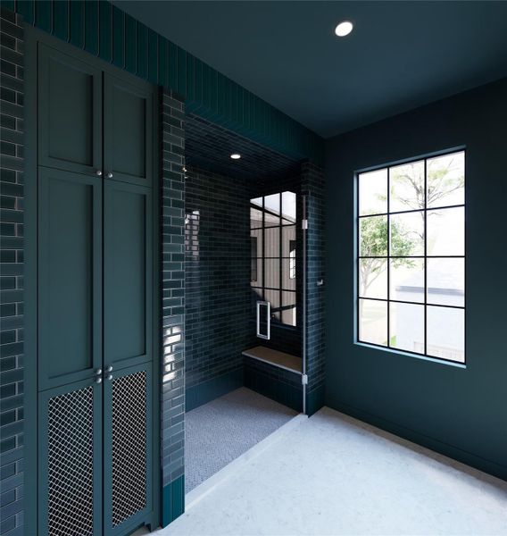 A striking interplay of light and shadow defines this moody retreat. Deep hues, sleek tilework, and clean architectural lines come together to create a shower that feels modern, dramatic, and thoughtfully composed.