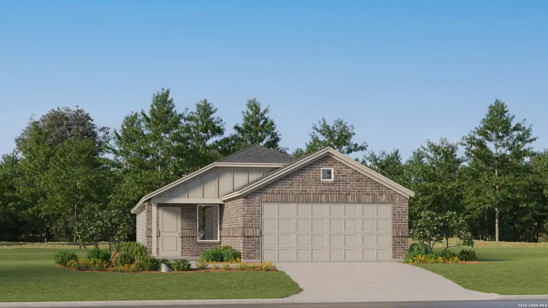 Front exterior of a new home in Pleasanton Meadows, Pleasanton, TX, highlighting curb appeal (Image 23).