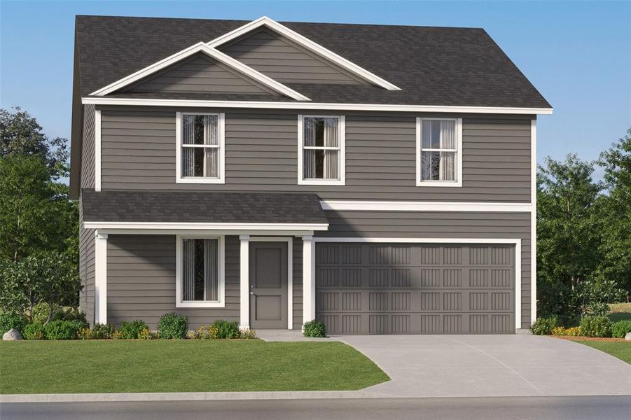 Contemporary two-story residence featuring gray horizontal siding and contrasting white trim Contemporary two-story residence featuring gray horizontal siding and contrasting white trim