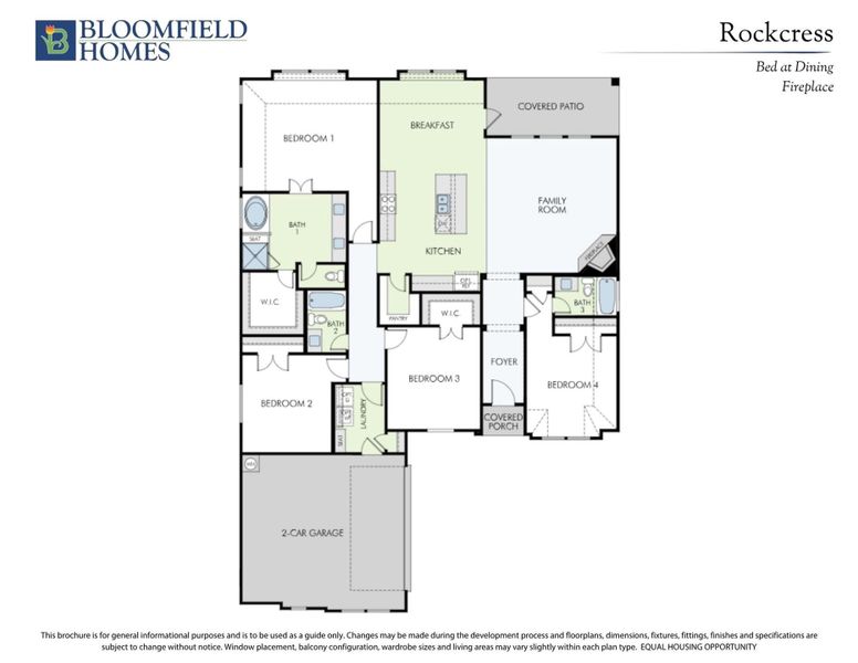 Bloomfield Homes Rockcress single-story floor plan with four bedrooms, kitchen, family room, and two-car garage.