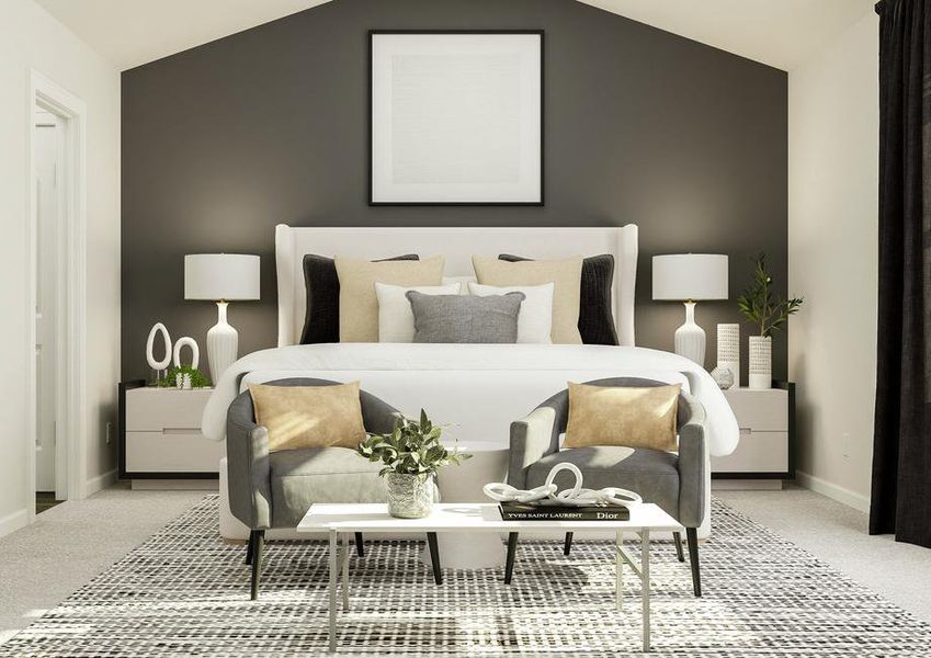 Rendering of the spacious master bedroom
  with vaulted ceiling. The room is furnished with a bed between two
  nightstands. Two armchairs and a coffee table sit at the foot of the bed.