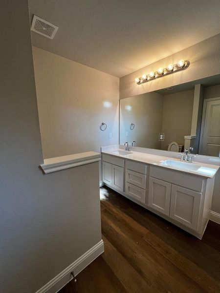 Bathroom featuring vanity and wood-type flooring