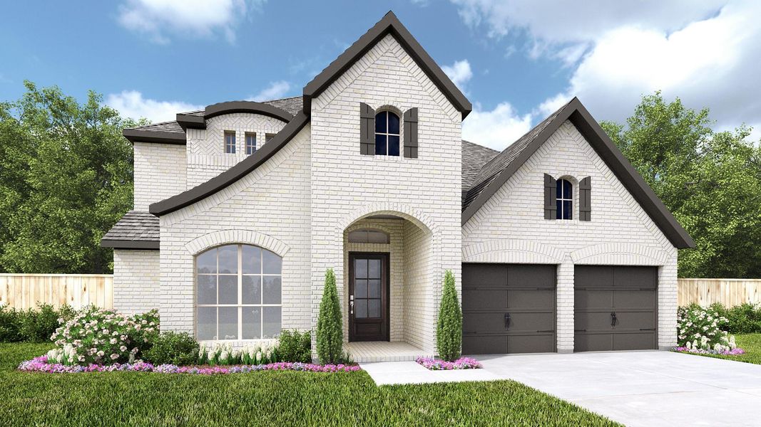 Front exterior of a new home in Cross Creek West 55', Fulshear, TX, highlighting curb appeal (Image 1).