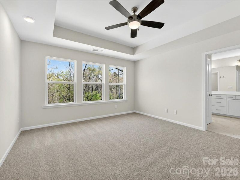 Primary bedroom features tray ceiling, 2 large windows allow natural light to bathe the room. Private backyard with views of the trees