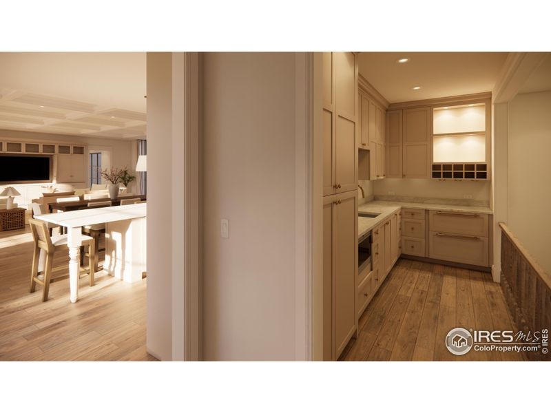 Scullery with, bev center, ice maker and prep sink.