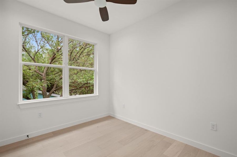 Unfurnished room with light wood-type flooring and ceiling fan