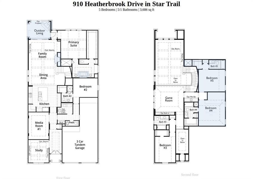 2D floor plan layout of this home in Star Trail, Prosper, TX (Image 2).