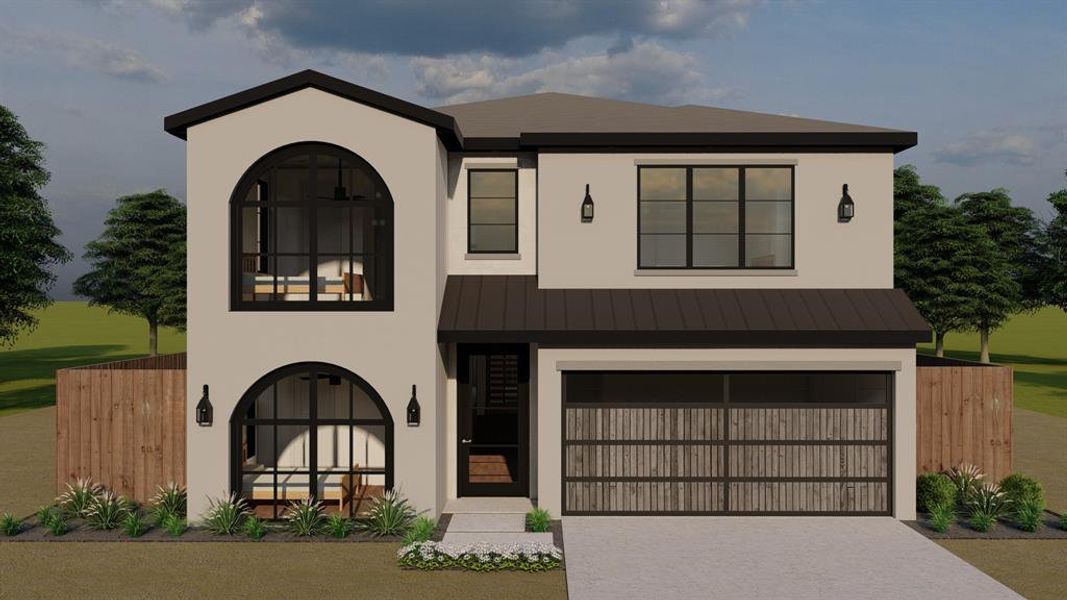 Contemporary stucco exterior with prominent arched window features, black-framed windows, a dark metal roof accent, and a modern garage door with wood-finish panels Contemporary stucco exterior with prominent arched window features, black-framed windows, a dark metal roof accent, and a modern garage door with wood-finish panels