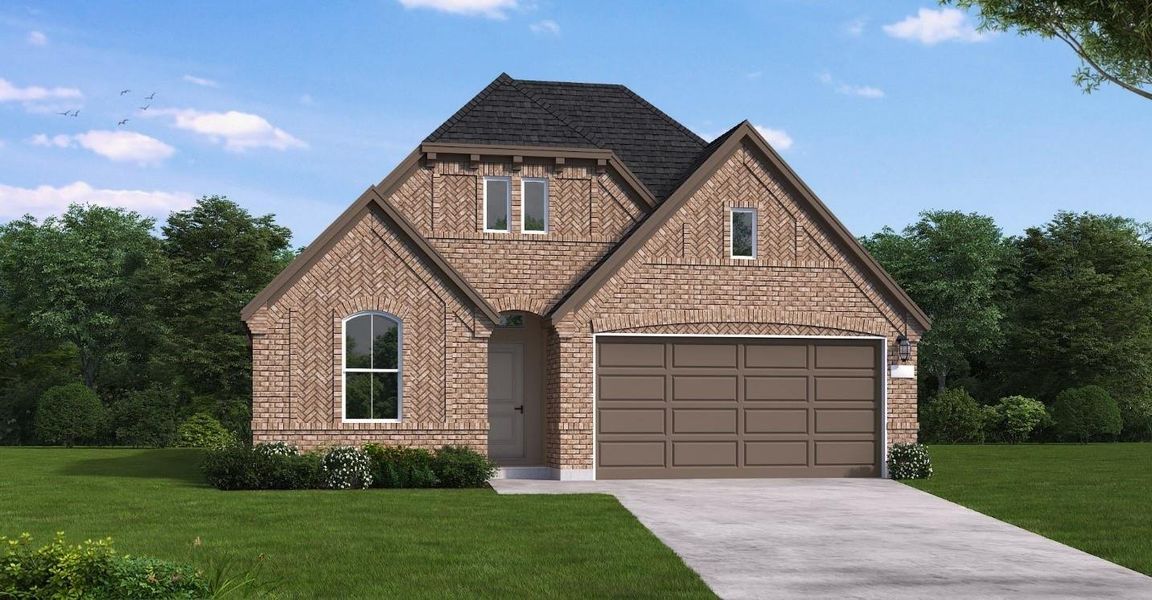 Front exterior of a new home in The Highlands, Porter, TX, highlighting curb appeal (Image 1). Front exterior of a new home in The Highlands, Porter, TX, highlighting curb appeal (Image 1).