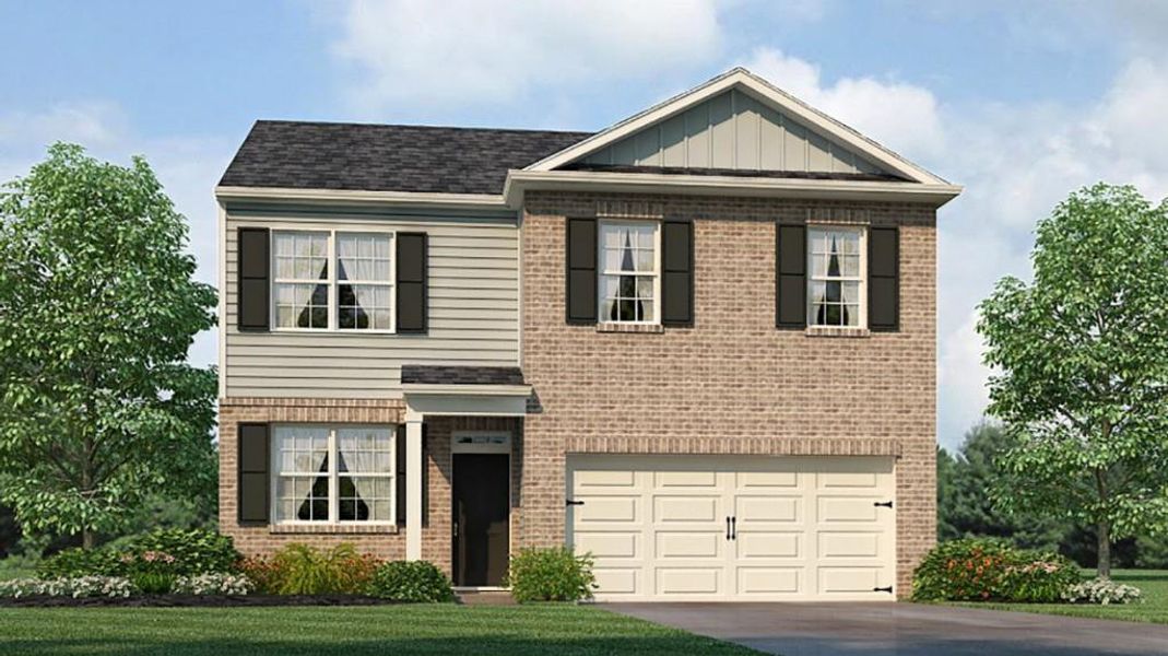 Front exterior of a new home in Oaks at Cedar Grove, Fairburn, GA, highlighting curb appeal (Image 1). Front exterior of a new home in Oaks at Cedar Grove, Fairburn, GA, highlighting curb appeal (Image 1).