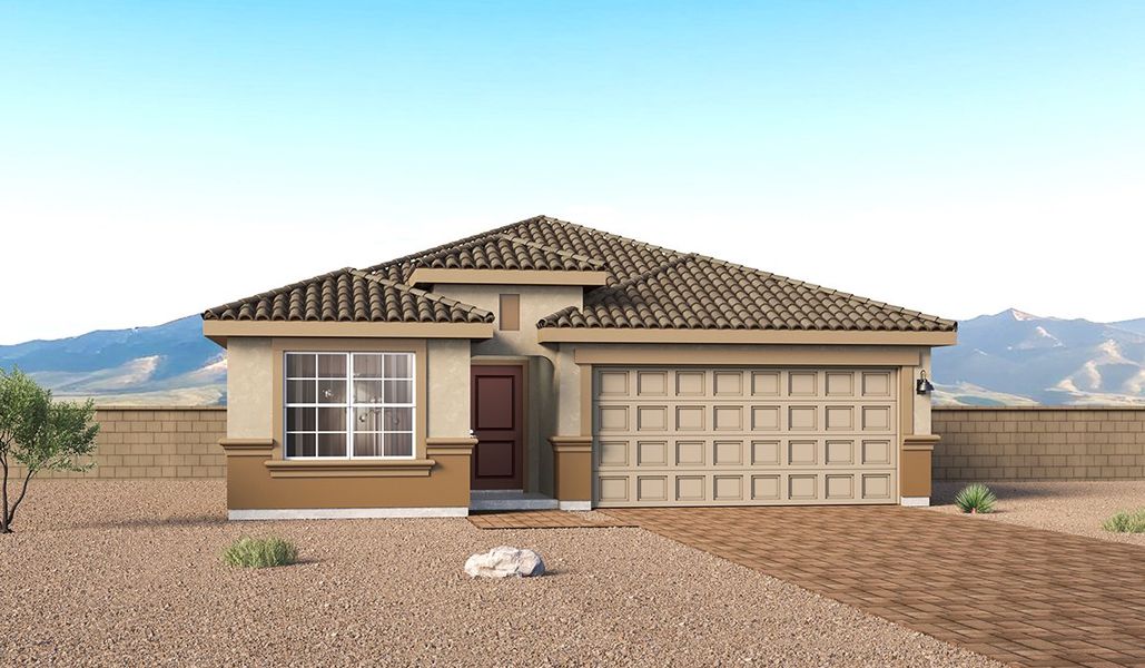 Front exterior of a new home in Entrada Del Toro at Rancho Sahuarita, Sahuarita, AZ, highlighting curb appeal (Image 1). Front exterior of a new home in Entrada Del Toro at Rancho Sahuarita, Sahuarita, AZ, highlighting curb appeal (Image 1).