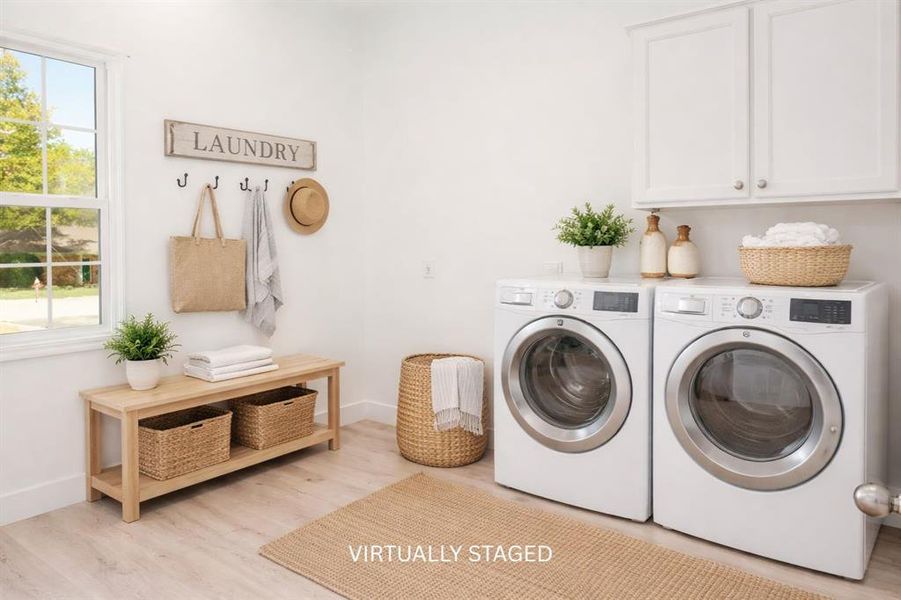 Virtually staged, cheerful laundry room doubles as a space to add organization to your life