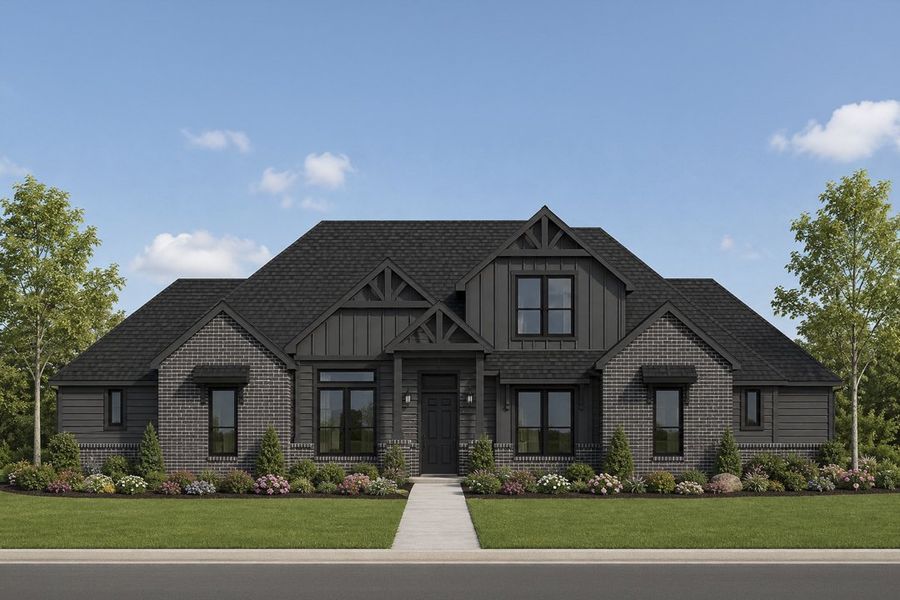 Front exterior of a new home in Peaks at Lone Elm, Waxahachie, TX, highlighting curb appeal (Image 1). Front exterior of a new home in Peaks at Lone Elm, Waxahachie, TX, highlighting curb appeal (Image 1).