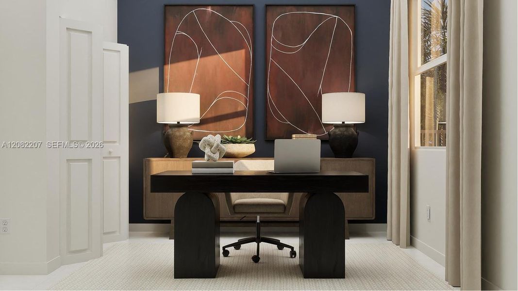 With a convenient location on the first floor, this bedroom is perfect for a home office, as shown here.