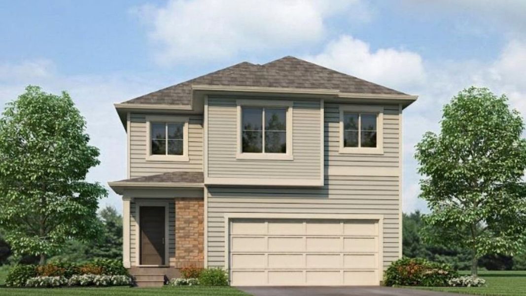 Front exterior of a new home in Sky Ranch, Watkins, CO, highlighting curb appeal (Image 1). Front exterior of a new home in Sky Ranch, Watkins, CO, highlighting curb appeal (Image 1).
