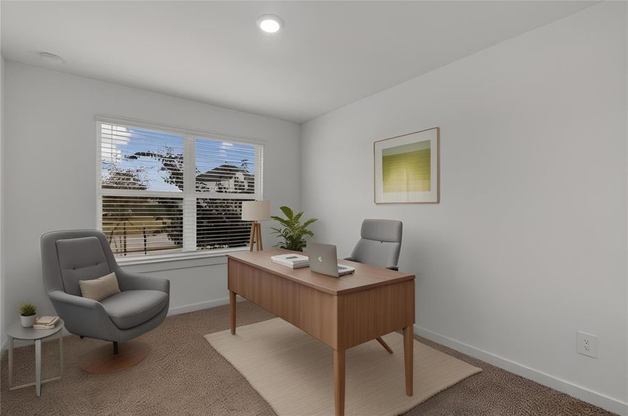 Bedroom 1 faces the front of the home. ( Virtually staged)