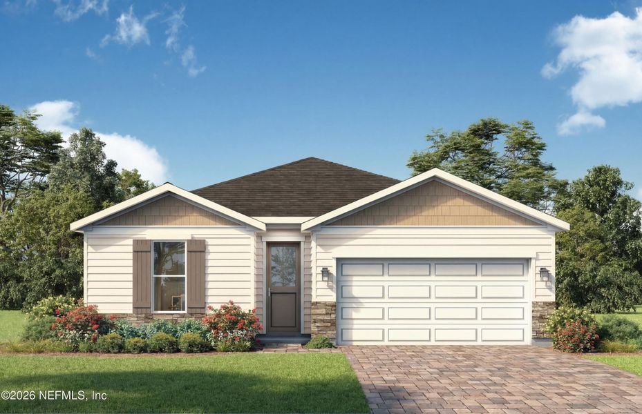 Front exterior of a new home in Panther Creek, Jacksonville, FL, highlighting curb appeal (Image 1). Front exterior of a new home in Panther Creek, Jacksonville, FL, highlighting curb appeal (Image 1).