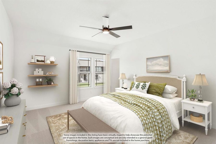 Bedroom with vaulted ceiling, ceiling fan, floating shelves, and queen bed with green accents