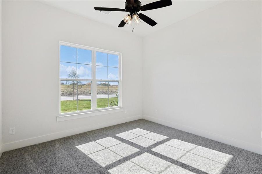 Spare room featuring carpet floors and ceiling fan