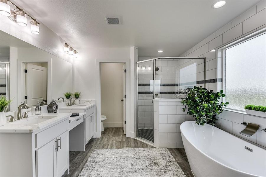 Bathroom featuring wood finished floors, two vanities, a sink, visible vents, and a stall shower