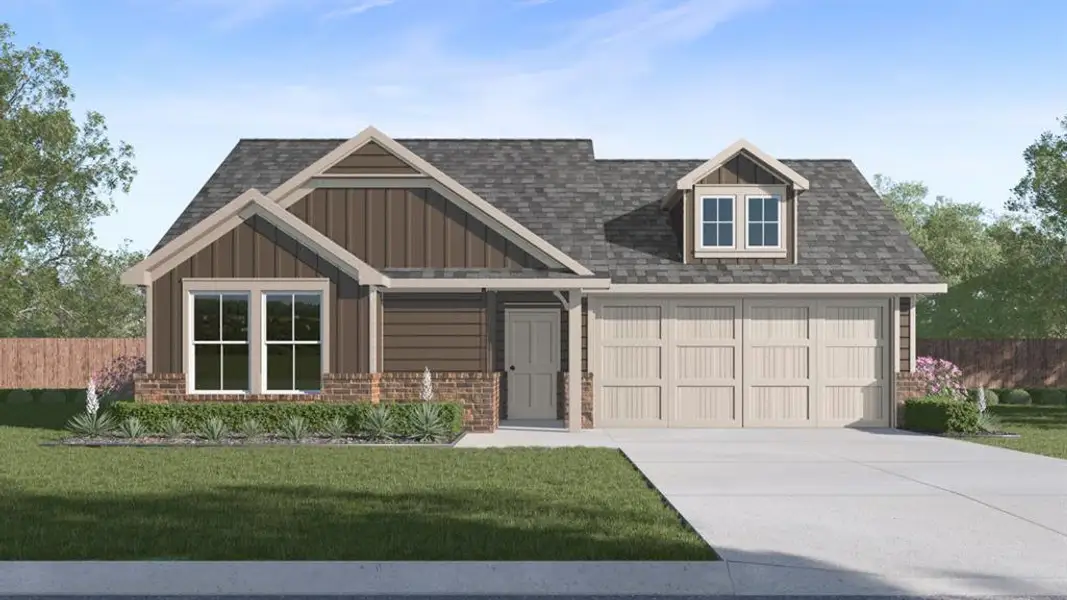 Contemporary single-story residence with a two-car garage, dormer window, board and batten siding, brick accents, and a shingled roof Contemporary single-story residence with a two-car garage, dormer window, board and batten siding, brick accents, and a shingled roof