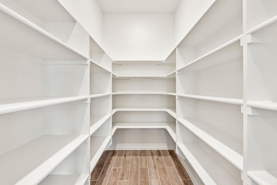 Walk-in pantry with white built-in shelves on three walls and wood-look tile flooring