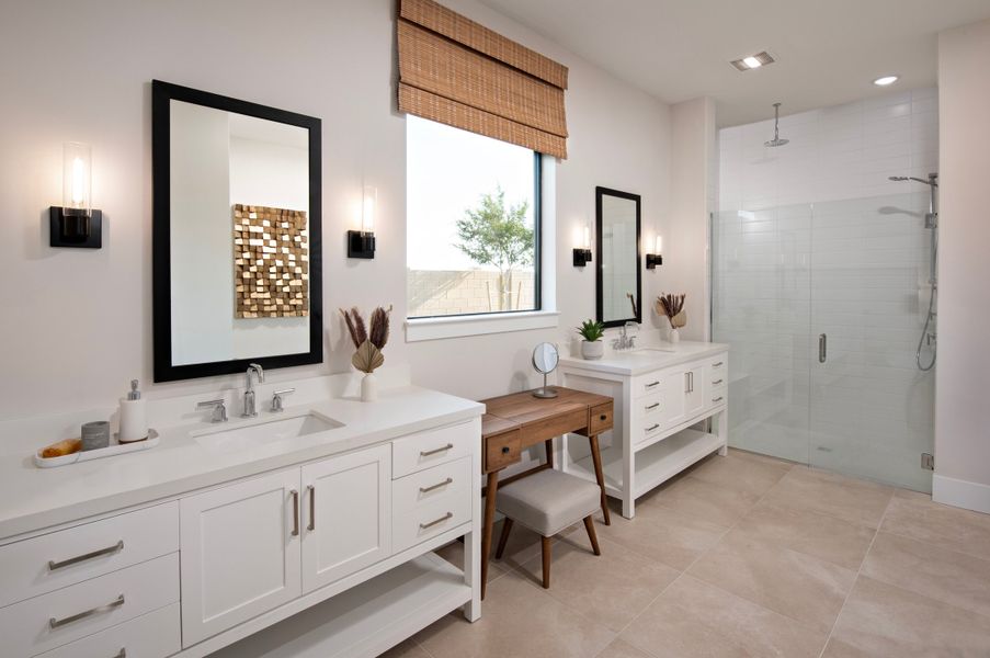 Primary bath with dual freestanding vanities Primary bath with dual freestanding vanities