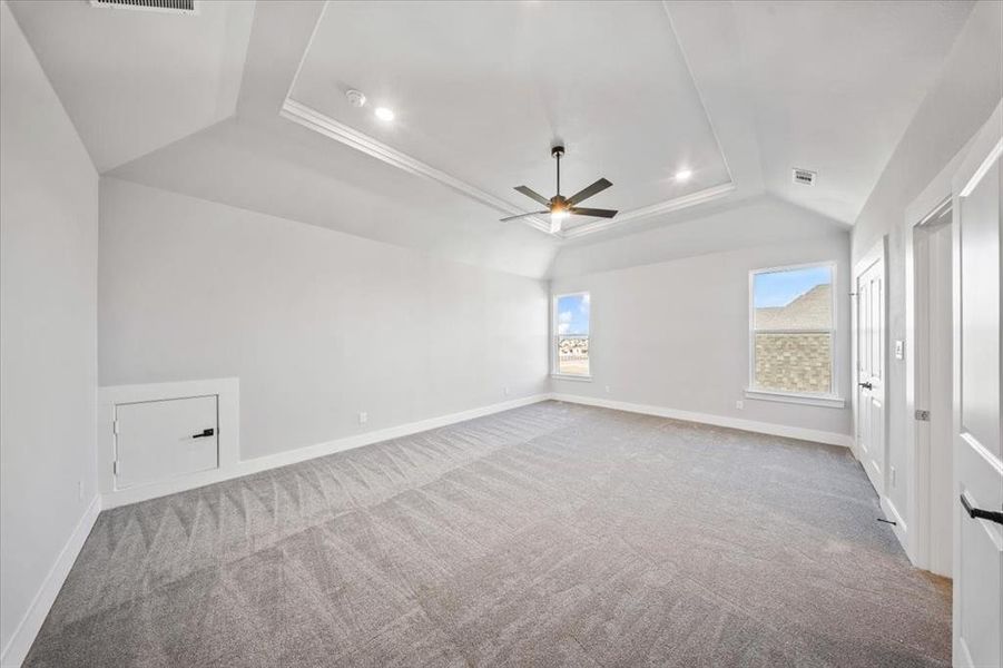 Carpeted spare room with ceiling fan and a raised ceiling