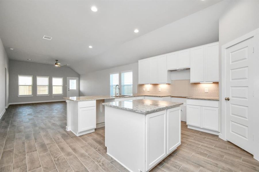 This generously spacious kitchen is a dream realized! With a massive granite island, high ceilings, soft close cabinets, granite countertops, stainless steel appliances, a sleek tile backsplash, recessed lighting, and an extended counter area, it offers both style and practicality. All this opens up to the expansive family room, creating a perfect hub for gatherings. Sample photo of completed home with similar floor plan. As-built interior colors and selections may vary.