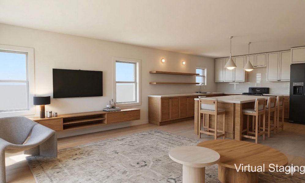 Rendered view of open-concept kitchen & living area with virtual staging
