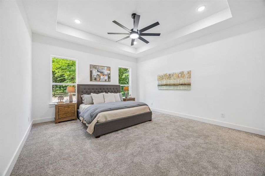 Primary bedroom with recessed lighting, a trayed ceiling and a ceiling fan