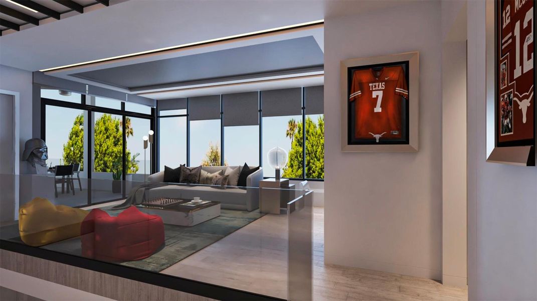 This modern living space features large windows with abundant natural light, sleek furnishings, and contemporary decor. A prominent sports jersey is displayed on the wall, adding a personal touch. The open layout offers a spacious and inviting atmosphere, perfect for relaxation and entertaining. This modern living space features large windows with abundant natural light, sleek furnishings, and contemporary decor. A prominent sports jersey is displayed on the wall, adding a personal touch. The open layout offers a spacious and inviting atmosphere, perfect for relaxation and entertaining.
