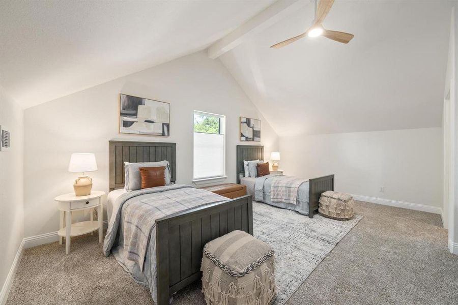 Bedroom with carpet and a ceiling fan Bedroom with carpet and a ceiling fan