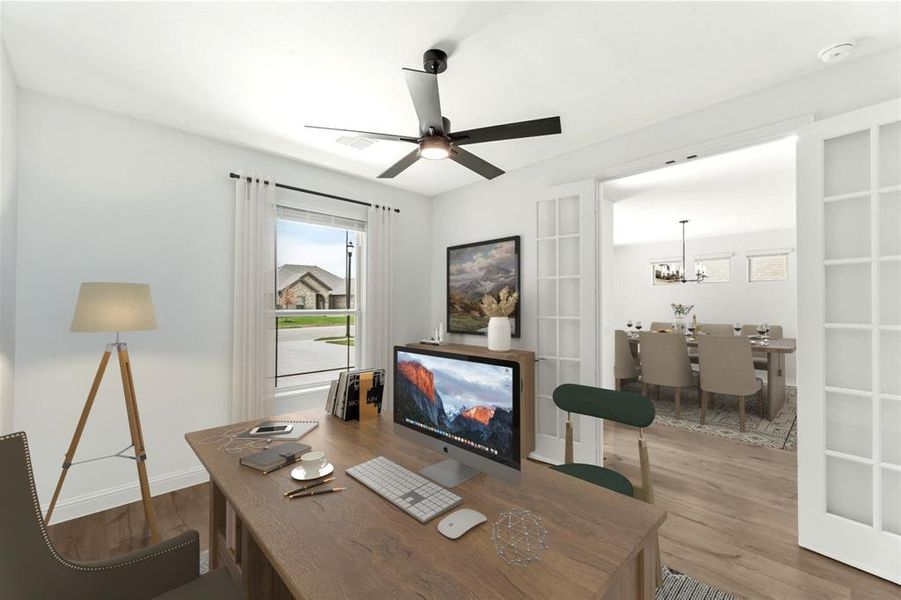 The office features glass French Doors.