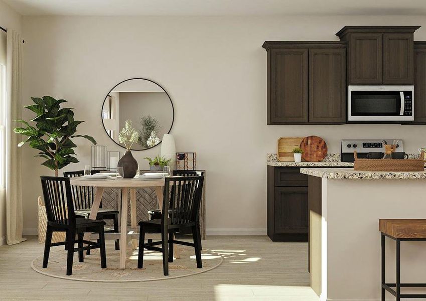 Rendering of dining area with light
  wood-look flooring, light colored table with black chairs and kitchen with
  brown cabinets to the right