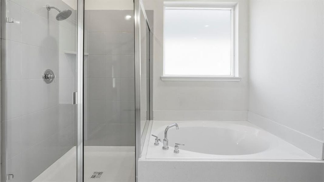 Bathroom featuring a garden tub and a shower stall