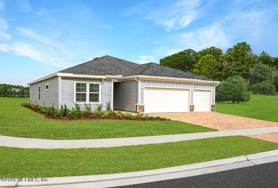 Front exterior of a new home in Edenbrooke at Hyland Trail | 55+, Green Cove Springs, FL, highlighting curb appeal (Image 2).