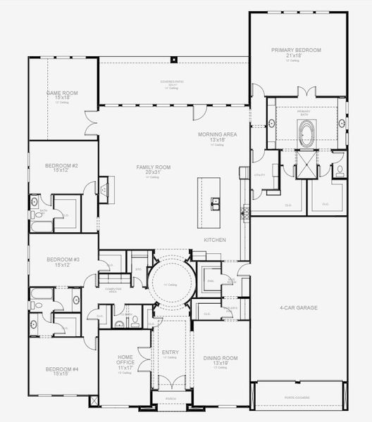 2D floor plan layout for the 4297S by Perry Homes in Enchanted Creek 1 Acre, Allen, TX (Image 3). 2D floor plan layout for the 4297S by Perry Homes in Enchanted Creek 1 Acre, Allen, TX (Image 3).