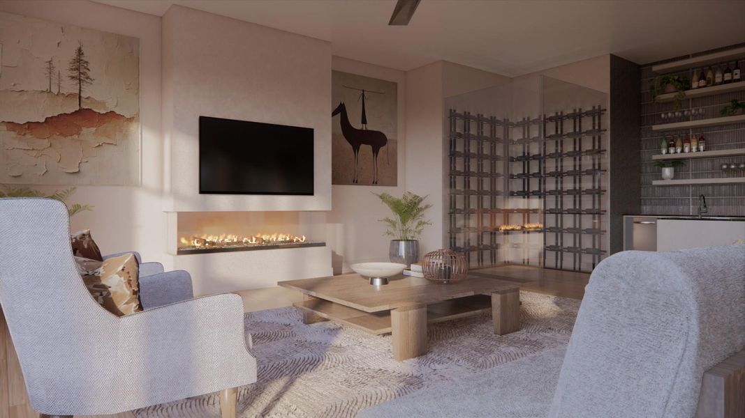This rendering shows the elegant family room adjacent to the wet bar and wine storage. The wine are will feature two wine coolers and additional room temperature storage. These spaces can be customized to your needs. This rendering shows the elegant family room adjacent to the wet bar and wine storage. The wine are will feature two wine coolers and additional room temperature storage. These spaces can be customized to your needs.